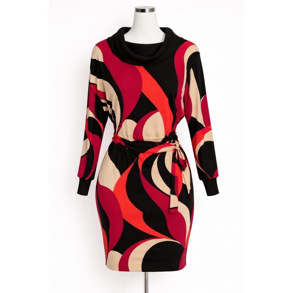Cache Blouson‎ Dress S Abstract Cowl Neck Dolman Sleeve Tie Waist Y2K